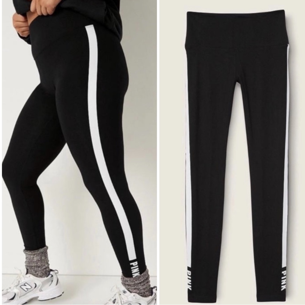 Victoria’s Secret PINK Black White Stripe Logo High Waist Cotton Legging, SMALL